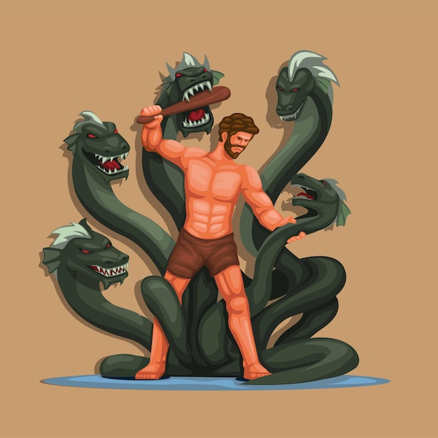 Hercules vs hydra figure character greek classical mythology story scene illustration vector