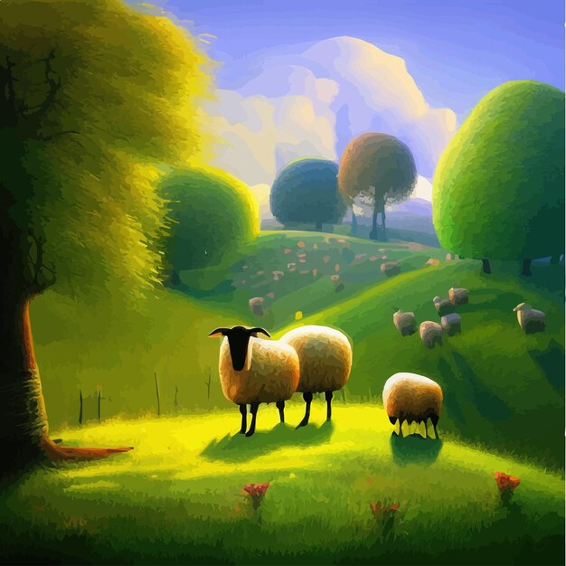 Vector herd happy smiling sheep grazing in meadow summer landscape with green hills vector cartoon