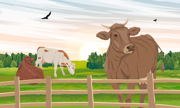 Вектор Стадо коров на пастбище летний луг с зеленой травой ферма и сельскохозяйственные животные реалистичный вектор