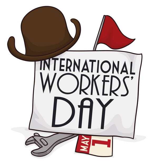 Vector herdenkingselementen van retro internationale arbeidersdag hoed rode pennant banier kalender en schroefsleutel