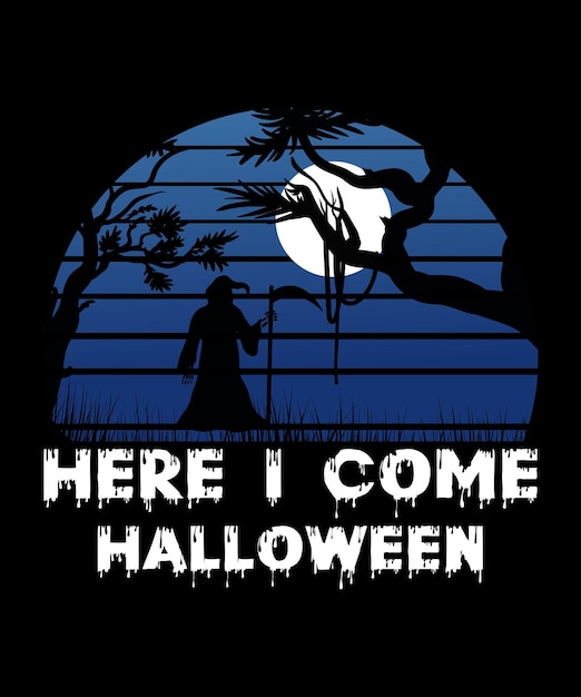 여기 할로윈 셔츠 인쇄 템플릿, 마녀 박쥐 무서운 어두운 달 밤 빈티지 복고풍 셔츠가 있습니다.