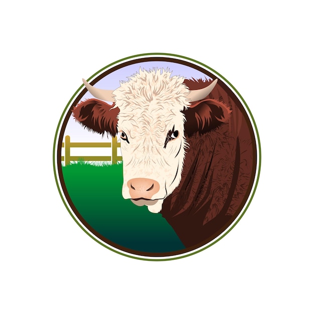 Vettore idea di progettazione del logo dell'allevamento di bovini hereford su sfondo bianco eps 10