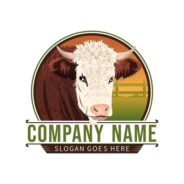 Hereford cattle farm vintage style logo design idea on white background