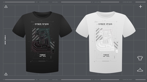 Vector heren t-shirt met futuristisch print mockup front view vector sjabloon cyber hud design print