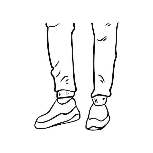 Herenbenen in broek met een elastische band aan de onderkant en sneakers doodle lineaire cartoon kleuren achteraanzicht