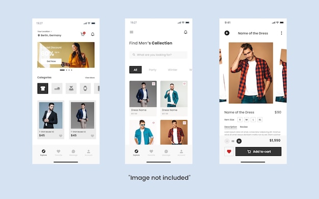 Herenmode mobiele ui ux gui-schermen ontwerpsjabloon voor mobiele apps
