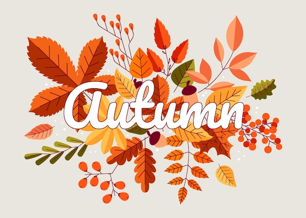 Herfst achtergrond Herfst samenstelling met geel oranje en rood bos bladeren esdoorn eiken en kastanje bomen gebladerte Cartoon herfst behang poster of kaart vector geïsoleerde illustratie