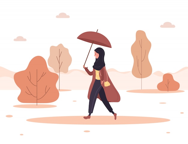 Herfst achtergrond. Jonge Arabische vrouw in hijab en jas met paraplu gaat aan het werk, op te slaan of wandelingen in het park. Vrouwelijk personage gaat in de regen. illustratie in vlakke stijl.