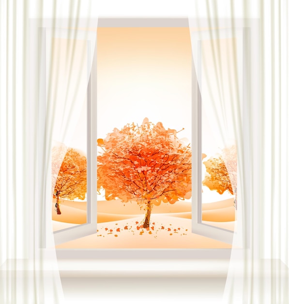 Herfst achtergrond met een open raam en kleurrijke bomen. vector.