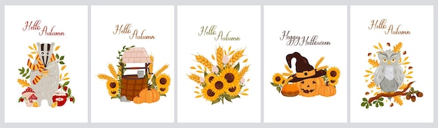 Herfst ansichtkaarten set met das goed zonnebloemen pompoen en uil