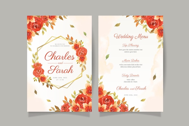 Herfst aquarel bruiloft uitnodigingskaart met rode bloemen en gouden frame