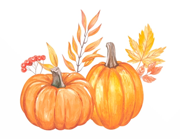 Herfst aquarel compositie met pompoenen en bladeren. Hoge kwaliteit foto
