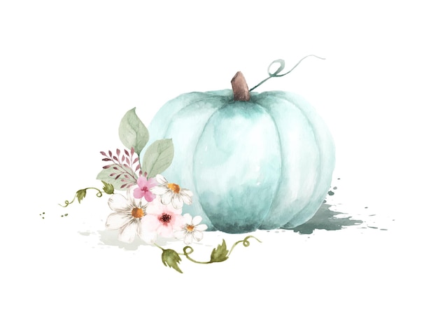 Herfst aquarel illustratie met pompoenen en bloemen bladeren geïsoleerd op een witte achtergrond. met de hand beschilderd met waterverf, perfect voor het ontwerpen van decoratieve wenskaarten of posters in het herfstfestival.