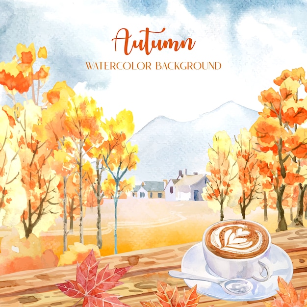 Herfst aquarel met veel sinaasappelbomen met een kopje koffie met Latte art erop en esdoornblad op de voorzijde.