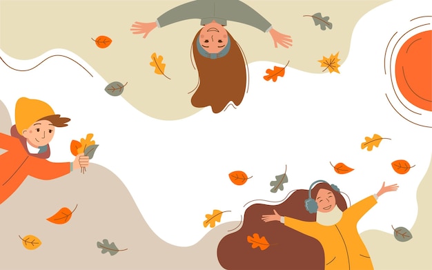 Herfst banner met happy cartoon mensen.