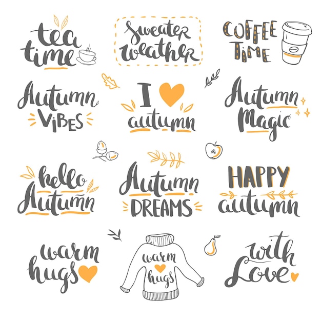 Herfst belettering en doodles vector belettering geïsoleerd op witte achtergrond hallo herfst