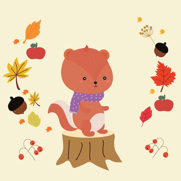 Herfst bos in vector met schattige eekhoorn