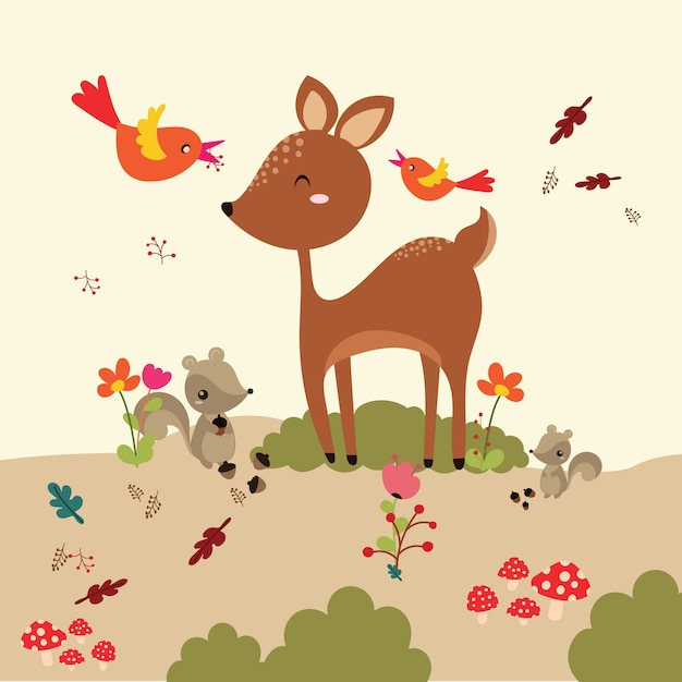 Herfst bos in vector set met schattige bosdieren