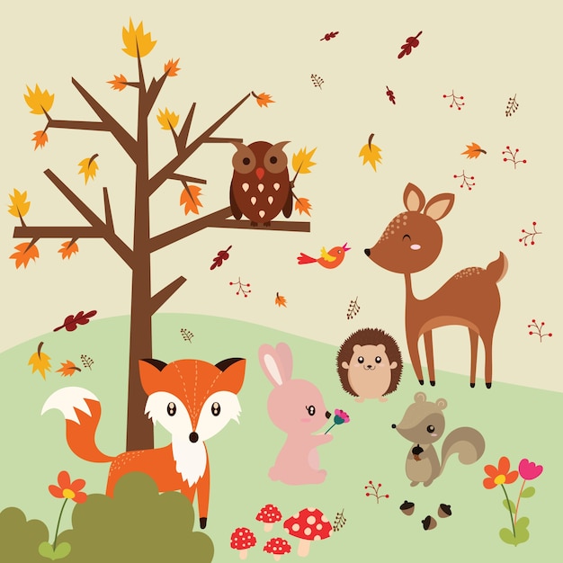 Vector herfst bos in vector set met schattige bosdieren