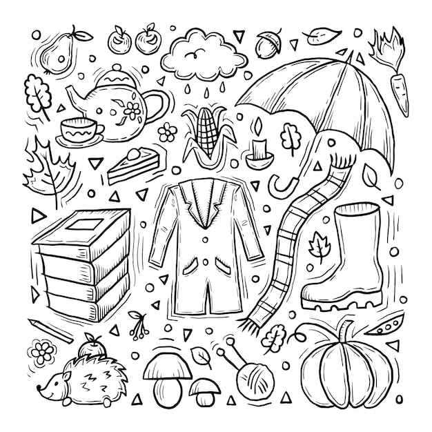 Herfst doodle cartoon zwart-wit set