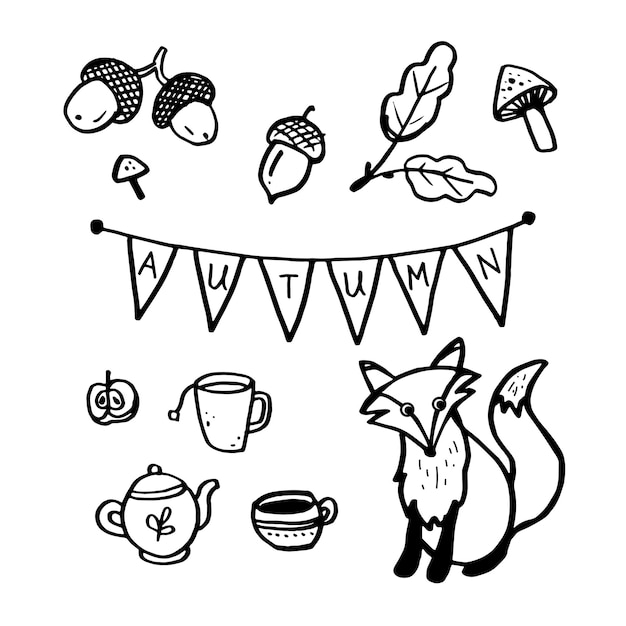 Herfst doodle set met slinger Zwart op wit Vector illustratie Bos verlaat slinger en fox
