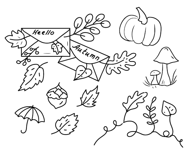 Vector herfst doodles stickers kleurset letters bladeren herfststemming afzonderlijk met de hand getekend