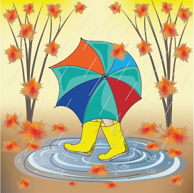 Vector herfst, esdoornbladeren, een kind rent door de plassen met een paraplu in de regen in gele laarzen