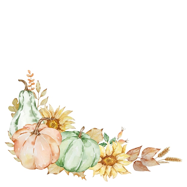 Herfst frame van aquarel pompoenen en zonnebloemen