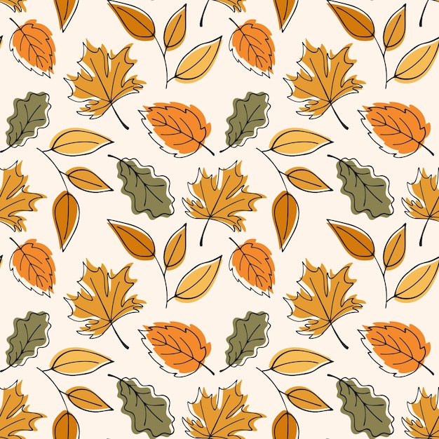 Vector herfst gebladerte achtergrond val naadloze patroon lijn doodle bladeren botanische natuurlijke achtergrond