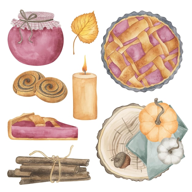 Herfst gezellige aquarel clipart collectie Berry pie jampot spi