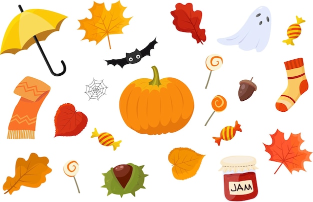 Herfst gezellige pictogrammen instellen. Herfst seizoen. Halloween-versieringen. Herfstbladeren en objecten voor decoratie.