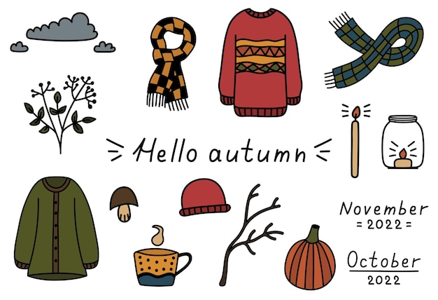 Herfst gezellige set doodle elementen. Handgetekende geïsoleerde stickers truien, kopje thee, pompoen