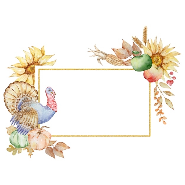 Herfst gouden geometrisch frame van aquarel kalkoen en pompoenen