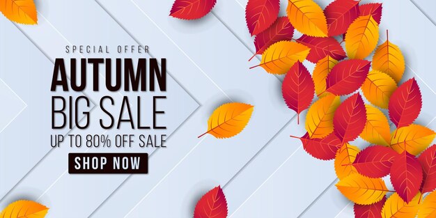 Herfst grote verkoop banner achtergrond met blad. Speciale aanbieding tot 80%.Premium Vector