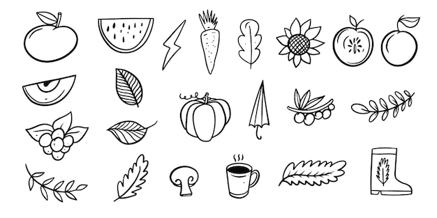 Herfst hand getekende zwarte kleur schets set doodle element