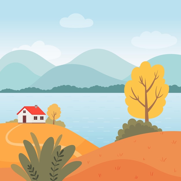 Herfst. herfstlandschap met een huis, een rivier en bomen. vectorillustratie in een vlakke stijl.