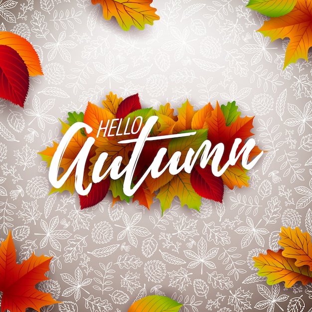 Herfst illustratie met vallende bladeren en belettering op witte achtergrond
