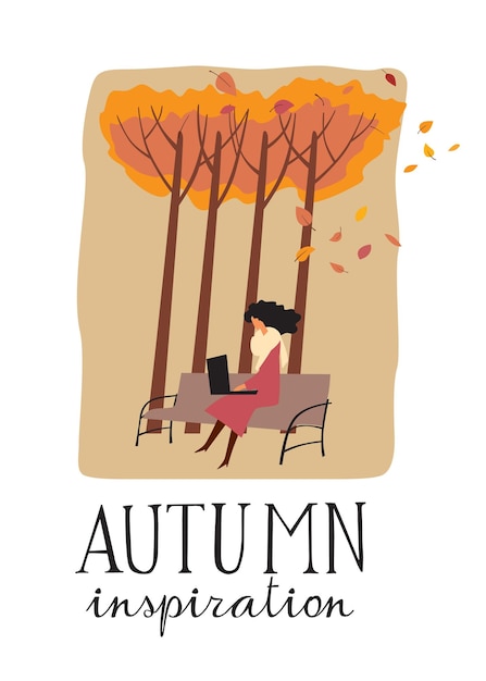 Herfst inspiratie belettering Elegante vrouw zit op een bankje in het park en schrijft in een computer