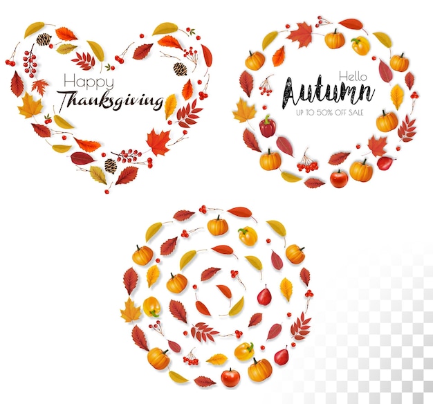 Herfst kleurrijke bos bladeren bessen kegels eikels de vorm van een hart en een ring Happy Thanksgiving en Sale Frames Vector