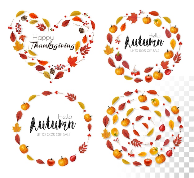Herfst kleurrijke bos bladeren bessen kegels eikels in de vorm van een hart cirkel en ringen Happy thanksgiving en herfst verkoop frames