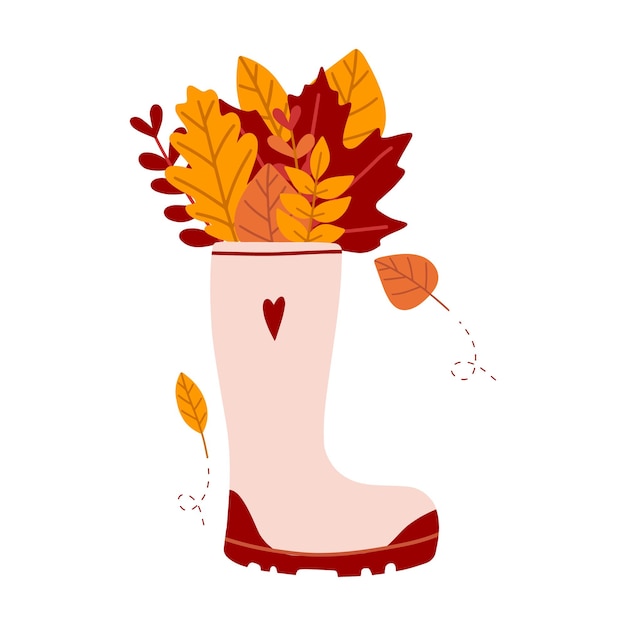 Herfst laarzen. Hand getekende illustratie van mode boot, boeket van herfstbladeren.