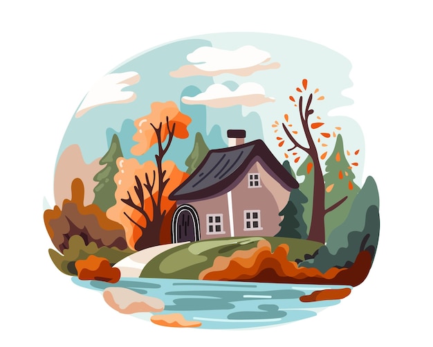 Herfst landelijk landschap met een huis Vector illustratie in vlakke stijl