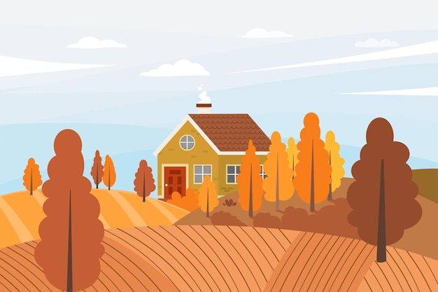 Vector herfst landelijk landschap van een klein huis op een heuvel met bomen landelijk landschap met een skyline van velden en wolken seizoensgebonden achtergrond