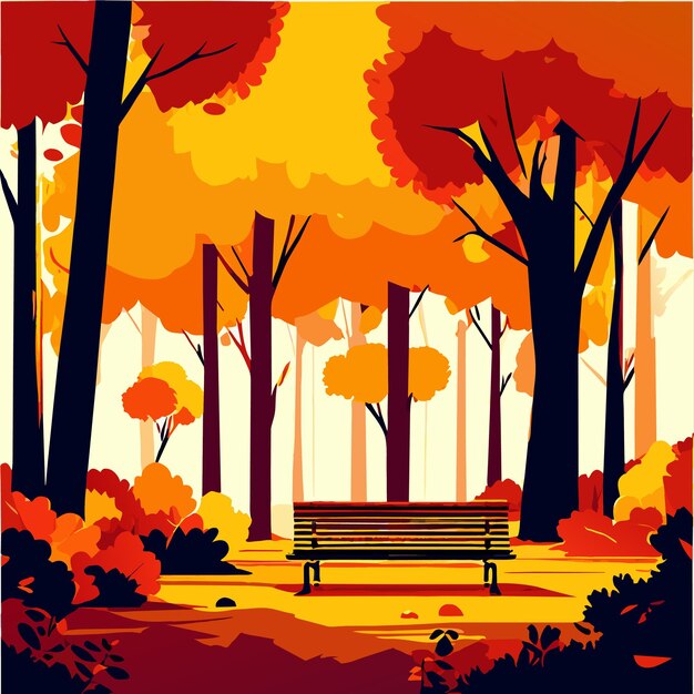 Vector herfst landschap bos met bank onder de boom vector illustratie