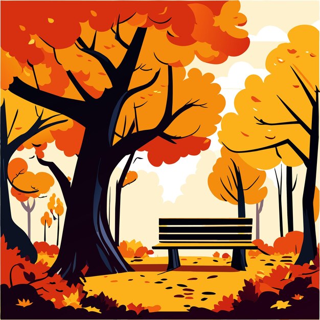 Vector herfst landschap bos met bank onder de boom vector illustratie