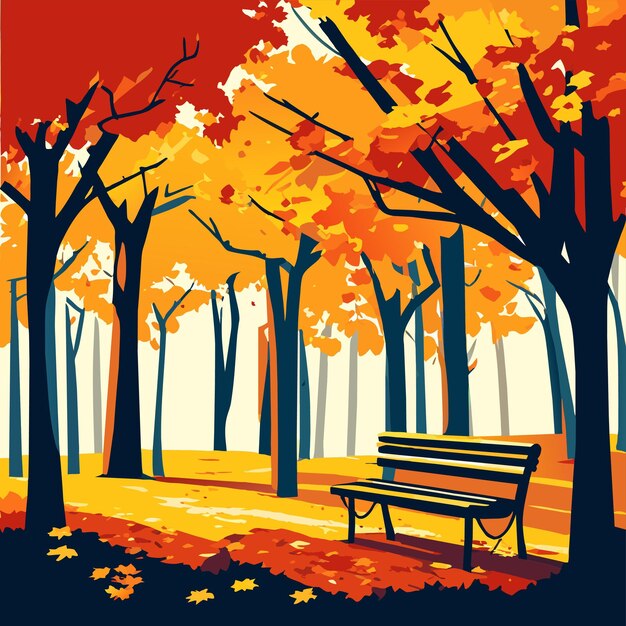 Vector herfst landschap bos met bank onder de boom vector illustratie