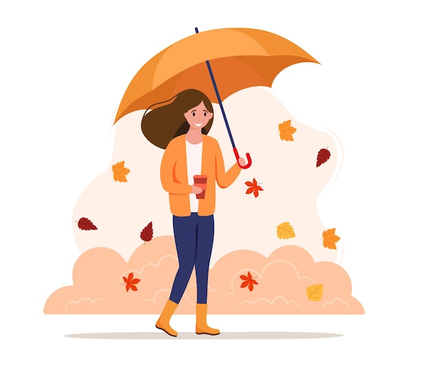 Herfst landschap. Het meisje gaat onder een paraplu. Herfst achtergrond. Vectorillustratie in vlakke stijl. EPS 10