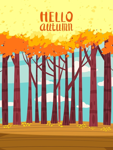 Herfst landschap poster val bomen met gele bladeren steeg weg voetpad vector illustratie achtergrond