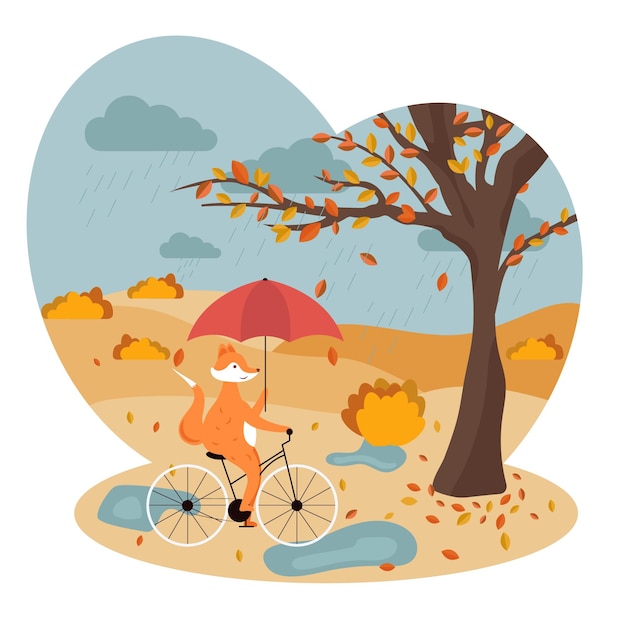 Herfst landschap. Velden met gewassen. Fox berijdende fiets in de herfst. Vectorillustratie in vlakke stijl