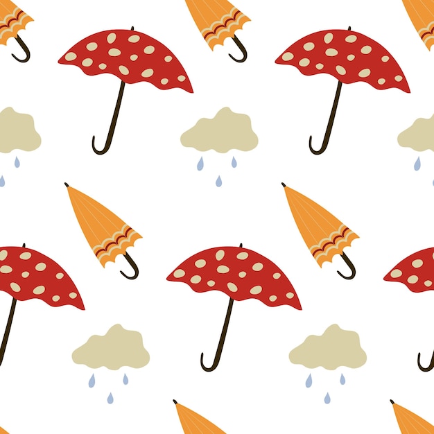 Herfst naadloos patroon afdrukken met regenwolken en paraplu's met de hand getekende herfst weer illustratie